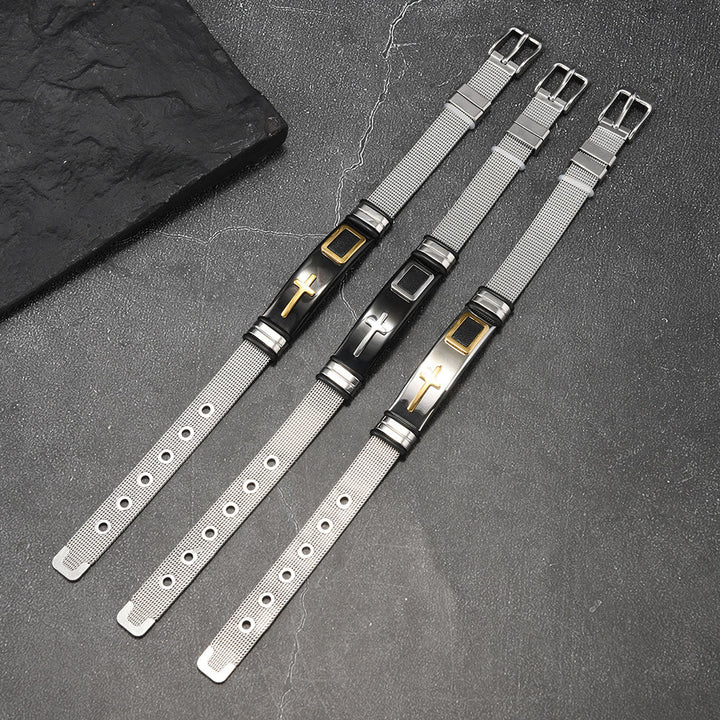Christianartworkshop Zweifarbiges Armband mit erhabenem Kreuzmuster und Dornschließe aus Edelstahl: Symbol minimalistischer, beständiger Anmut - image 3