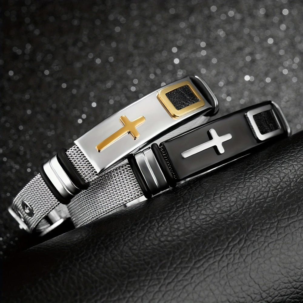 Christianartworkshop Zweifarbiges Armband mit erhabenem Kreuzmuster und Dornschließe aus Edelstahl: Symbol minimalistischer, beständiger Anmut - image 1
