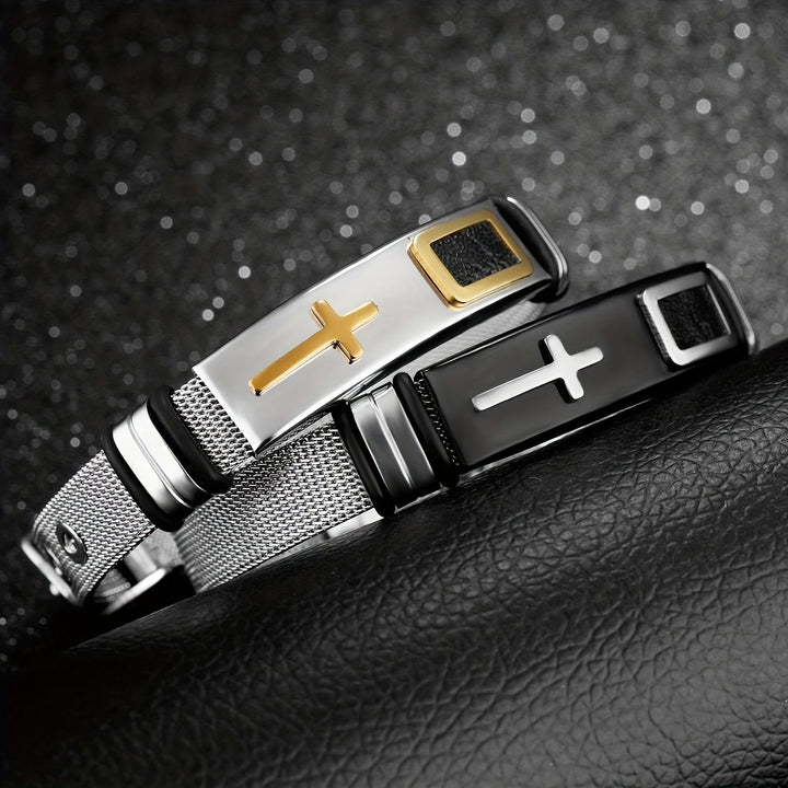 Christianartworkshop Zweifarbiges Armband mit erhabenem Kreuzmuster und Dornschließe aus Edelstahl: Symbol minimalistischer, beständiger Anmut - image 1