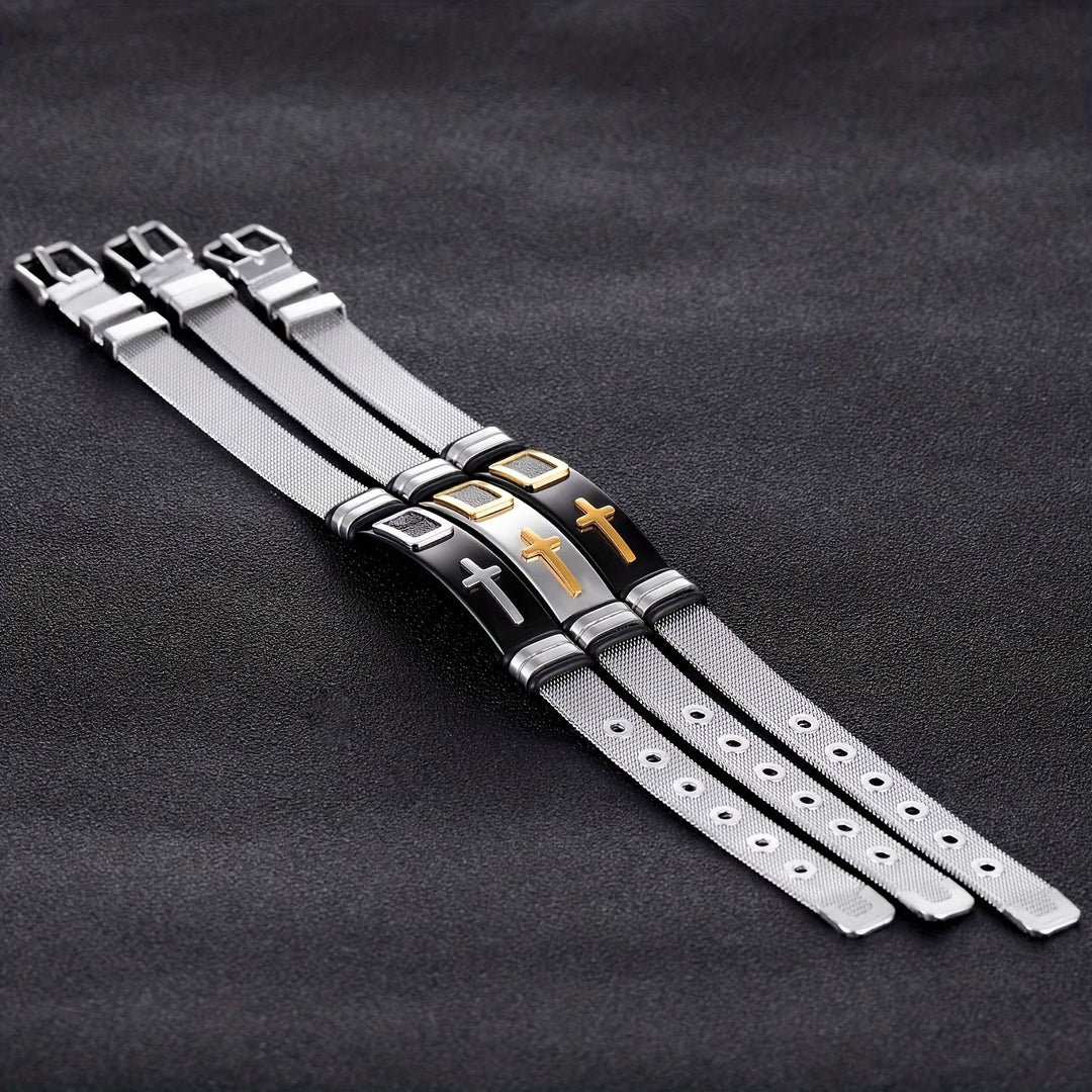 Christianartworkshop Zweifarbiges Armband mit erhabenem Kreuzmuster und Dornschließe aus Edelstahl: Symbol minimalistischer, beständiger Anmut - image 2
