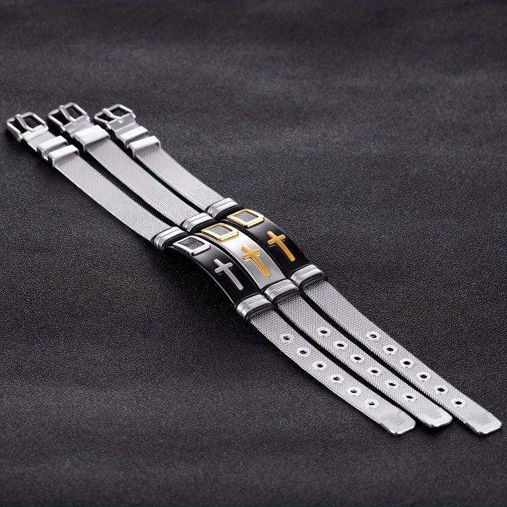 Christianartworkshop Zweifarbiges Armband mit erhabenem Kreuzmuster und Dornschließe aus Edelstahl: Symbol minimalistischer, beständiger Anmut - image 2
