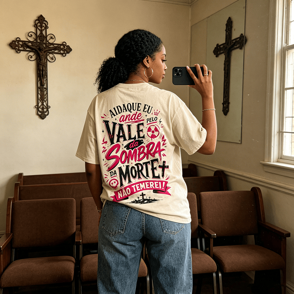 Christianartworkshop Ainda Que Eu Ande Pelo Vale Da Sombra Da Morte Kreuz Grab Krone Portugiesischer Glaube Rückendruck Vintage gewaschenes Unisex T-Shirt - image 0
