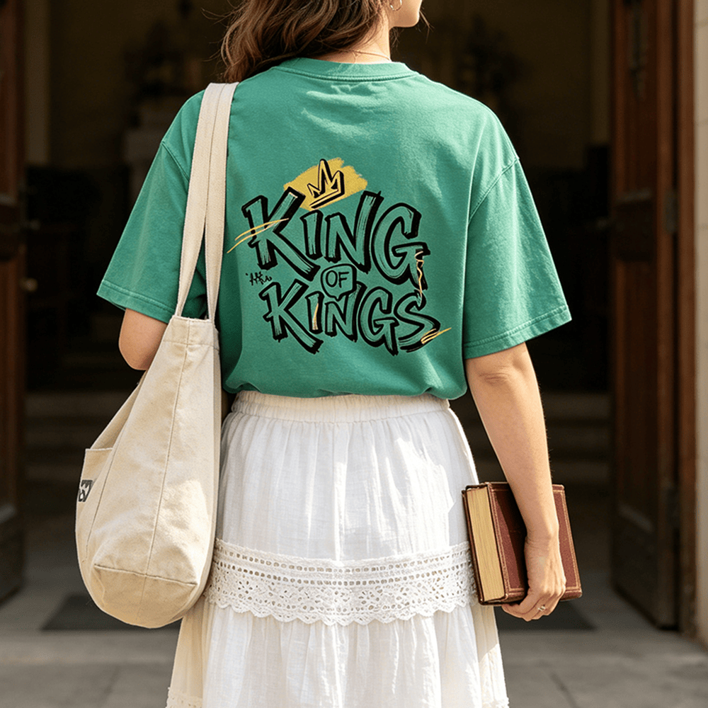 Christianartworkshop King Of Kings Brush Graffiti Crown Print Back Print Vintage Washed Unisex T-Shirt - image 0