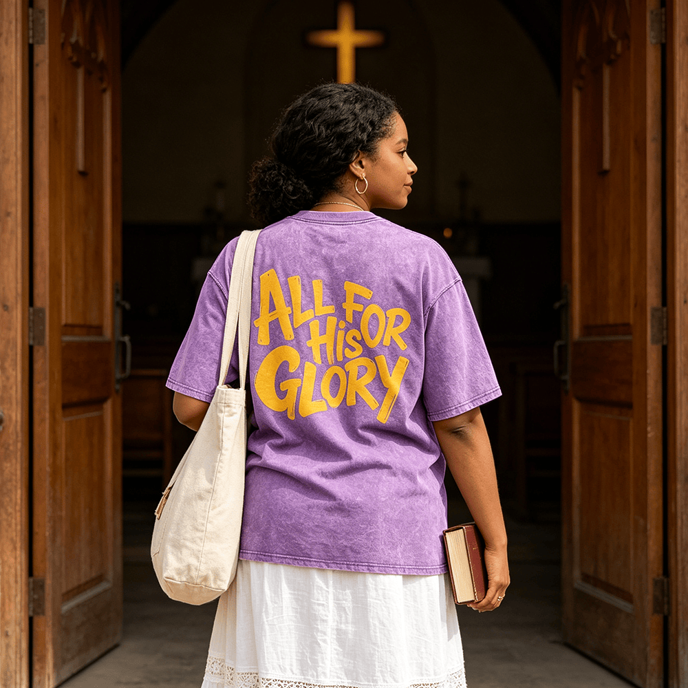 Christianartworkshop „All For His Glory“ – T-Shirt mit dickem, handgezeichnetem Bubble-Schriftzug auf der Rückseite – Vintage-Waschung – Unisex - image 0