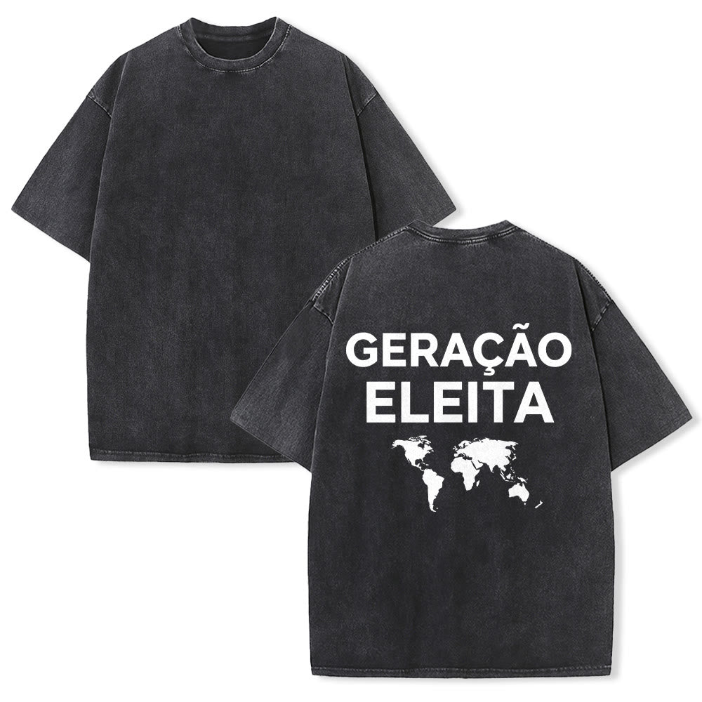 Christianartworkshop Geração Eleita Unisex-T-Shirt mit Weltkarte, passendem Paar-Rückendruck, Vintage-Waschung - Schwarz - 5XL - image 1