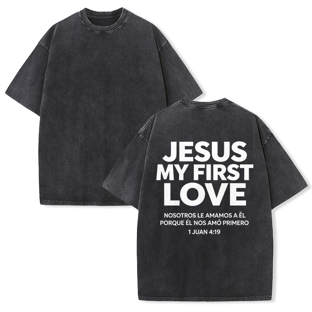 Christianartworkshop Jesus, meine erste Liebe – Spanischer Vers (1. Johannes 4,19) – Partner-T-Shirt mit Rückenaufdruck im Vintage-Look, Unisex - Schwarz - 5XL - image 1