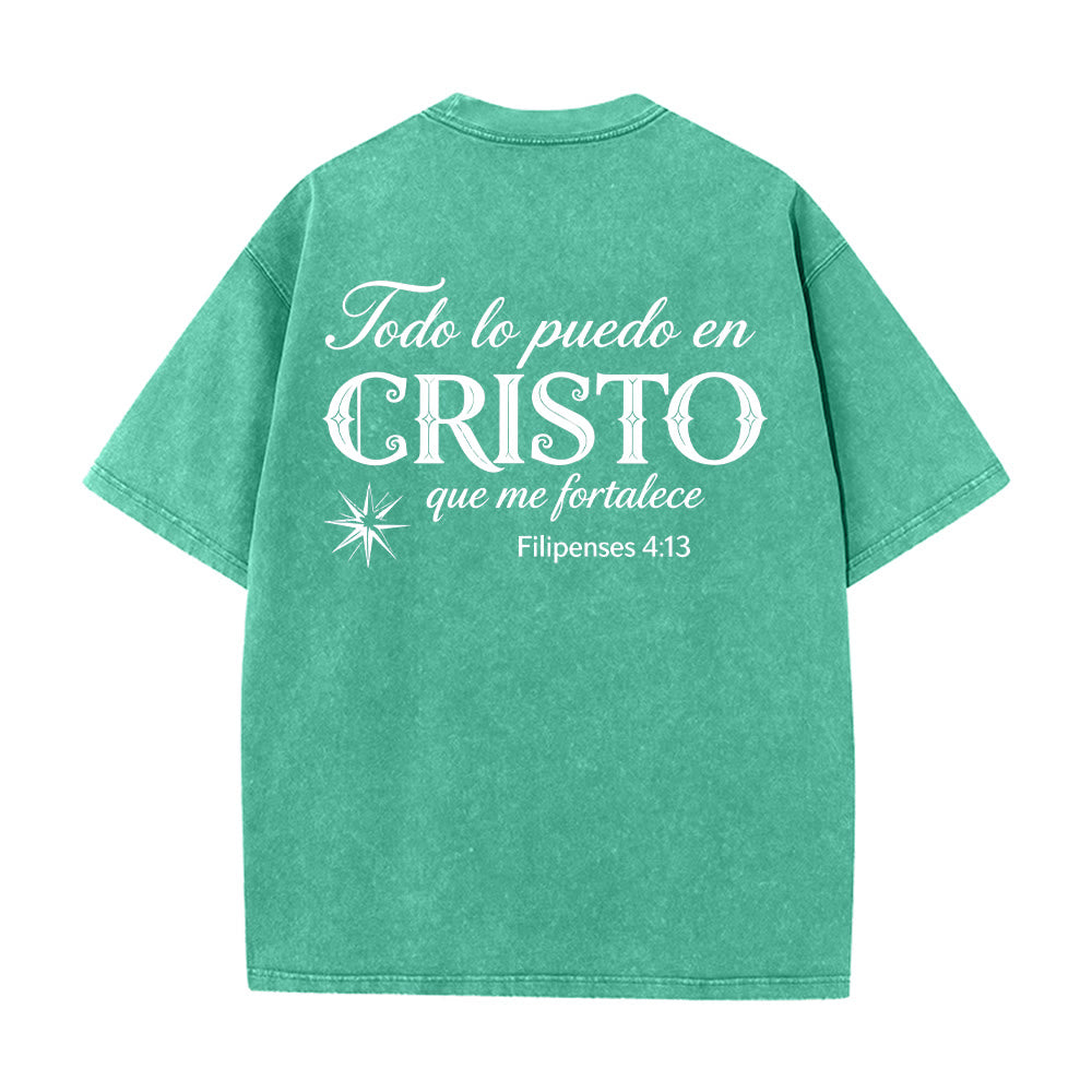 Christianartworkshop Elegantes Unisex-T-Shirt mit spanischem spirituellem Vers in zwei Schriftarten, kleinem Stern auf der Rückseite und gewaschenem Aufdruck - image 2