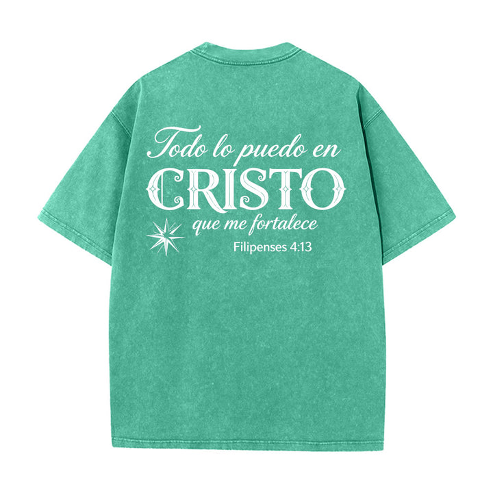 Christianartworkshop Elegantes Unisex-T-Shirt mit spanischem spirituellem Vers in zwei Schriftarten, kleinem Stern auf der Rückseite und gewaschenem Aufdruck - image 2