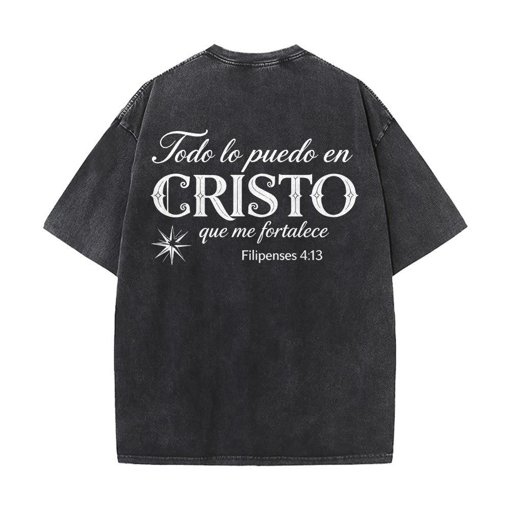 Christianartworkshop Elegantes Unisex-T-Shirt mit spanischem spirituellem Vers in zwei Schriftarten, kleinem Stern auf der Rückseite und gewaschenem Aufdruck - image 5