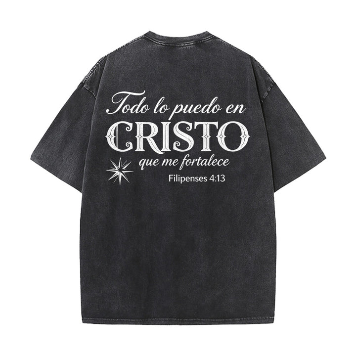 Christianartworkshop Elegantes Unisex-T-Shirt mit spanischem spirituellem Vers in zwei Schriftarten, kleinem Stern auf der Rückseite und gewaschenem Aufdruck - image 5