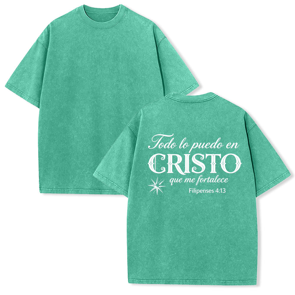 Christianartworkshop Elegantes Unisex-T-Shirt mit spanischem spirituellem Vers in zwei Schriftarten, kleinem Stern auf der Rückseite und gewaschenem Aufdruck - Grün - 5XL - image 1