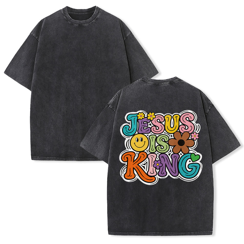 Christianartworkshop Jesus Is King Retro Groovy Multicolor Bubble Font Flower Smiley Back Print Vintage Washed Unisex T-Shirt - Schwarz - 5XL - image 1