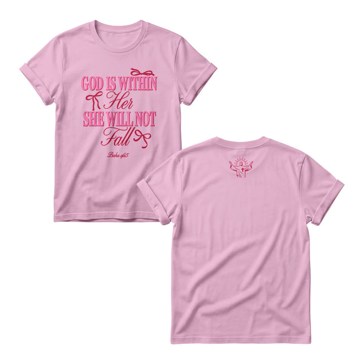 Christianartworkshop Mix Serif Cursive Bow Detail God Is Within Her Bible Verse Women's Crewnecks - Rosa - 4XL - image 6