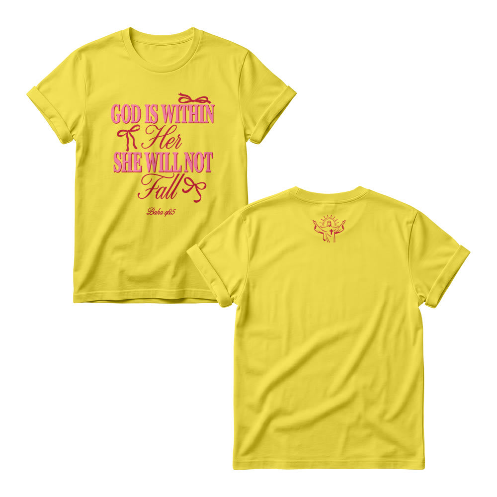 Christianartworkshop Mix Serif Cursive Bow Detail God Is Within Her Bible Verse Women's Crewnecks - Gelb - 4XL - image 4