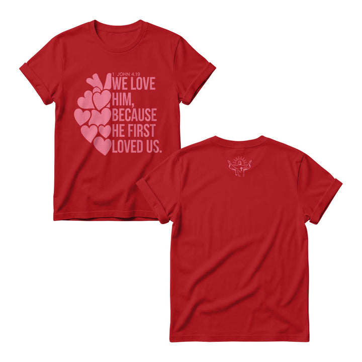 Christianartworkshop Damen-Rundhalspullover mit gestapeltem, fettem Schriftzug und Herzmotiv (1. Johannes 4,19) - Rot - 4XL - image 10