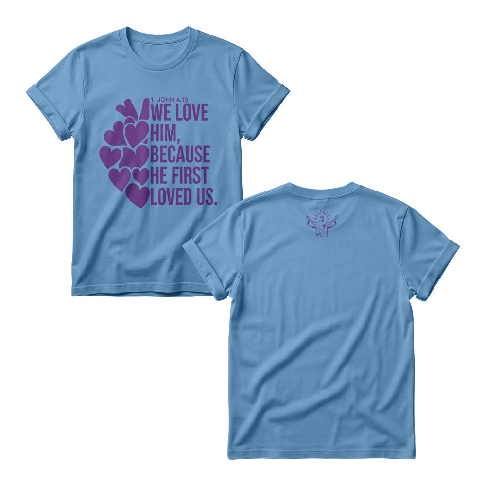 Christianartworkshop Damen-Rundhalspullover mit gestapeltem, fettem Schriftzug und Herzmotiv (1. Johannes 4,19) - Blau - 4XL - image 8