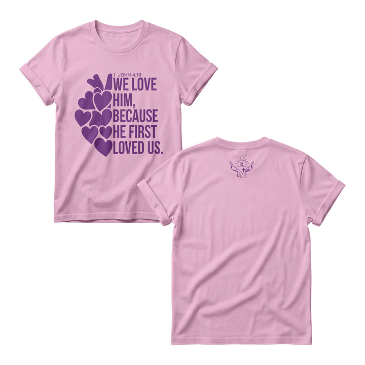 Christianartworkshop Damen-Rundhalspullover mit gestapeltem, fettem Schriftzug und Herzmotiv (1. Johannes 4,19) - Rosa - 4XL - image 7