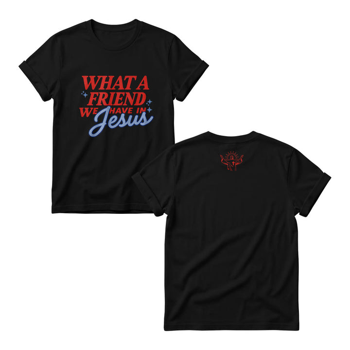 Christianartworkshop Was für ein Freund wir in Jesus haben Mix Block Cursive Tiny Star Sparkle Accent Front Print Damen-Rundhalsausschnitt - Schwarz - 4XL - image 6