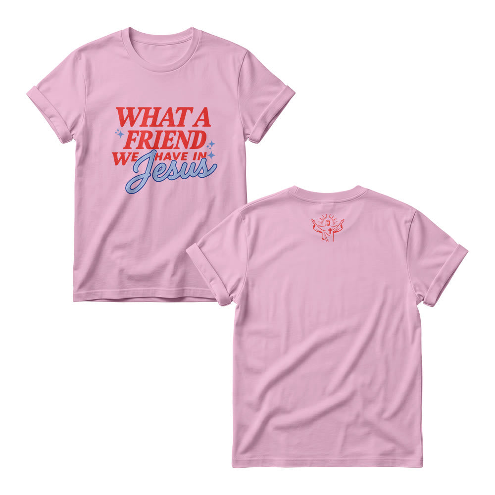 Christianartworkshop Was für ein Freund wir in Jesus haben Mix Block Cursive Tiny Star Sparkle Accent Front Print Damen-Rundhalsausschnitt - Rosa - 4XL - image 4