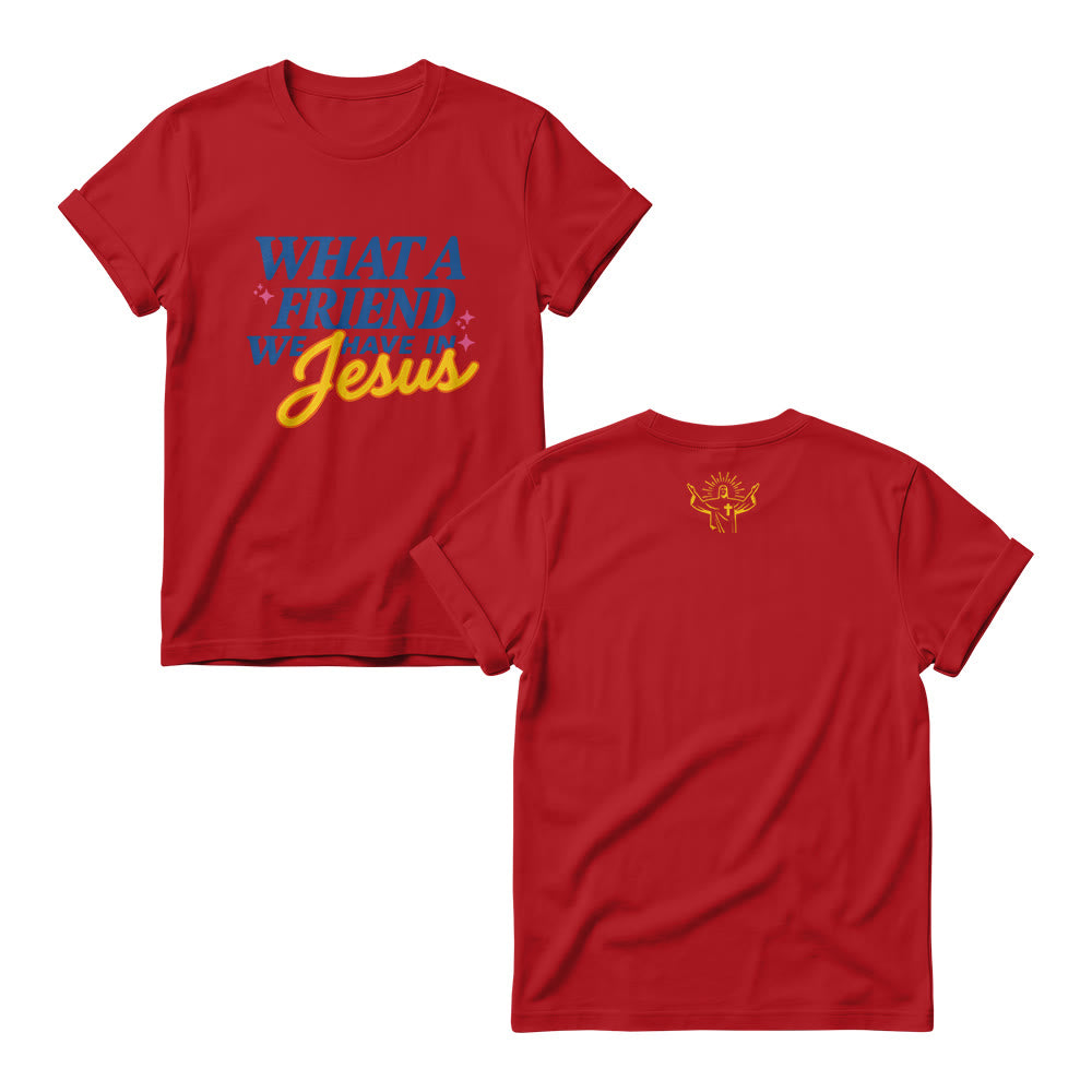 Christianartworkshop Was für ein Freund wir in Jesus haben Mix Block Cursive Tiny Star Sparkle Accent Front Print Damen-Rundhalsausschnitt - Rot - 4XL - image 8