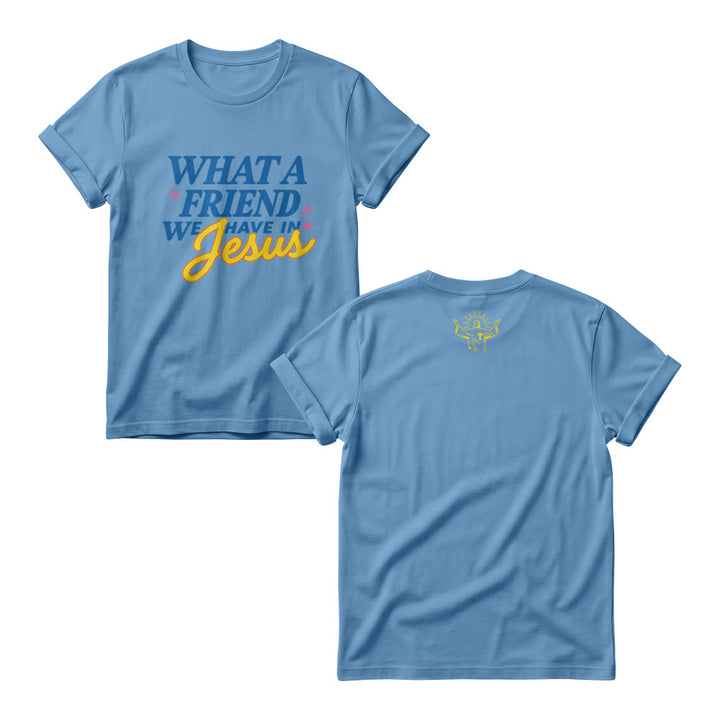 Christianartworkshop Was für ein Freund wir in Jesus haben Mix Block Cursive Tiny Star Sparkle Accent Front Print Damen-Rundhalsausschnitt - Blau - 4XL - image 5
