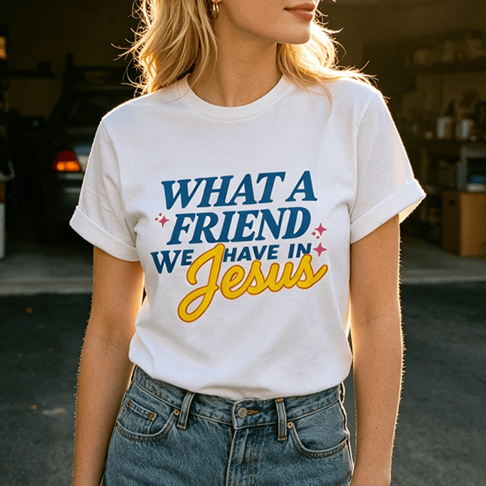 Christianartworkshop Was für ein Freund wir in Jesus haben Mix Block Cursive Tiny Star Sparkle Accent Front Print Damen-Rundhalsausschnitt - image 0