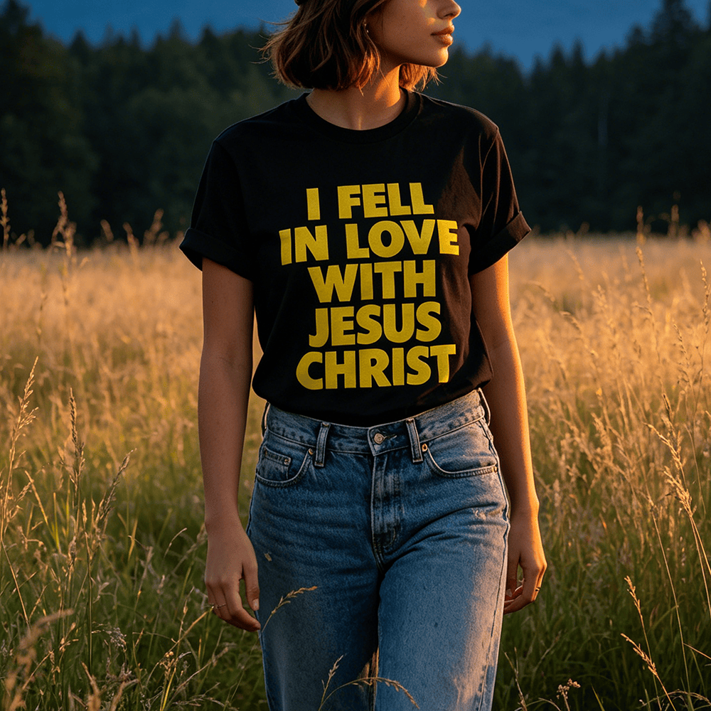 Christianartworkshop Ich habe mich in Jesus Christus verliebt – Damen-Rundhalspullover mit vertikalem, kräftigem Blockdruck auf der Vorderseite - image 0