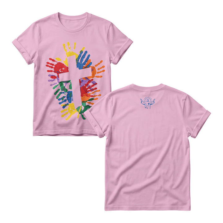 Christianartworkshop Mehrfarbiges Handherz-Kreuz vorne, minimalistische Anbetungslinie, Grafik hinten, Damen-Rundhalsausschnitt - Rosa - 4XL - image 4