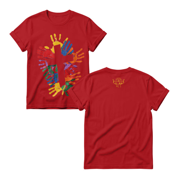 Christianartworkshop Mehrfarbiges Handherz-Kreuz vorne, minimalistische Anbetungslinie, Grafik hinten, Damen-Rundhalsausschnitt - Rot - 4XL - image 8