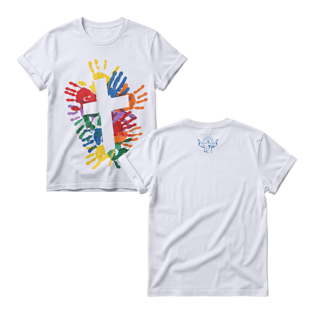 Christianartworkshop Mehrfarbiges Handherz-Kreuz vorne, minimalistische Anbetungslinie, Grafik hinten, Damen-Rundhalsausschnitt - Weiß - 4XL - image 1