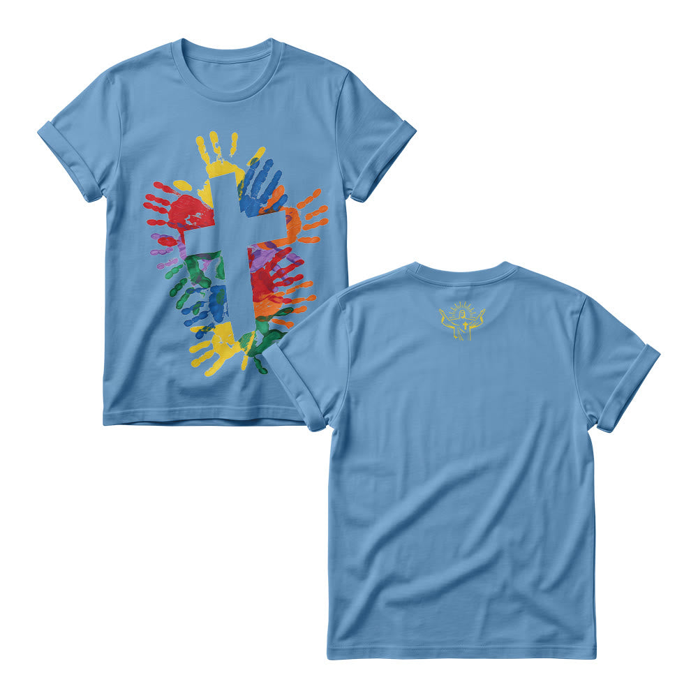 Christianartworkshop Mehrfarbiges Handherz-Kreuz vorne, minimalistische Anbetungslinie, Grafik hinten, Damen-Rundhalsausschnitt - Blau - 4XL - image 5