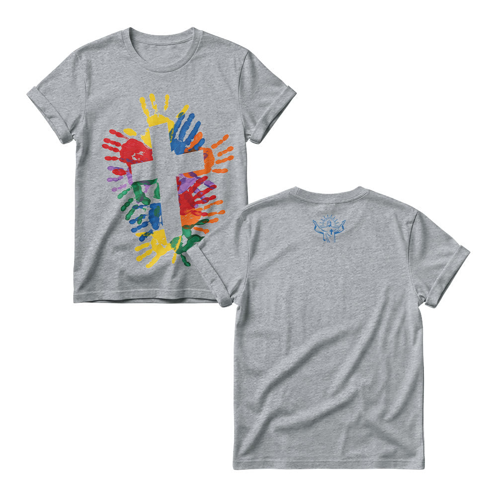 Christianartworkshop Mehrfarbiges Handherz-Kreuz vorne, minimalistische Anbetungslinie, Grafik hinten, Damen-Rundhalsausschnitt - Grau - 4XL - image 3