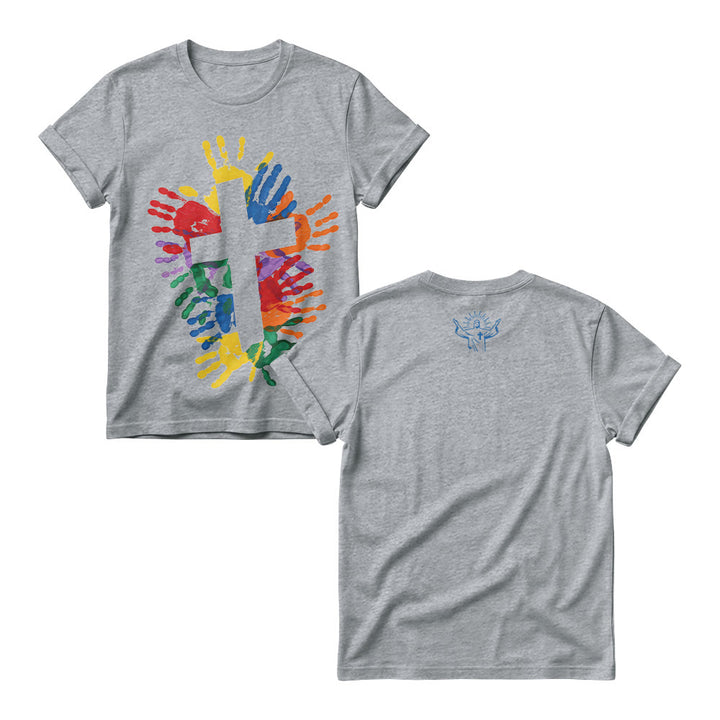 Christianartworkshop Mehrfarbiges Handherz-Kreuz vorne, minimalistische Anbetungslinie, Grafik hinten, Damen-Rundhalsausschnitt - Grau - 4XL - image 3