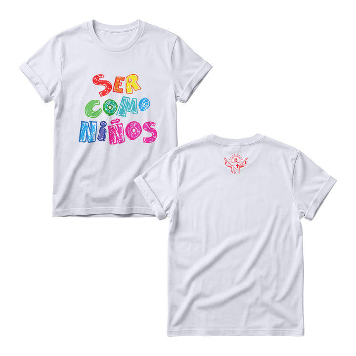 Christianartworkshop Ser Como Niños Mehrfarbiger, glänzender Bubble-Print mit spanischer Schrift auf der Vorderseite für Damen-Rundhalsausschnitte - Weiß - 4XL - image 2