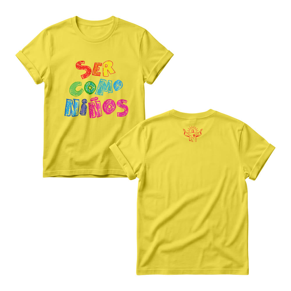 Christianartworkshop Ser Como Niños Mehrfarbiger, glänzender Bubble-Print mit spanischer Schrift auf der Vorderseite für Damen-Rundhalsausschnitte - Gelb - 4XL - image 3
