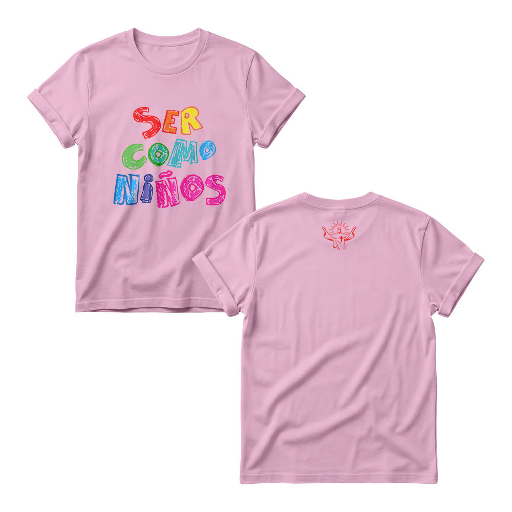Christianartworkshop Ser Como Niños Mehrfarbiger, glänzender Bubble-Print mit spanischer Schrift auf der Vorderseite für Damen-Rundhalsausschnitte - Rosa - 4XL - image 1