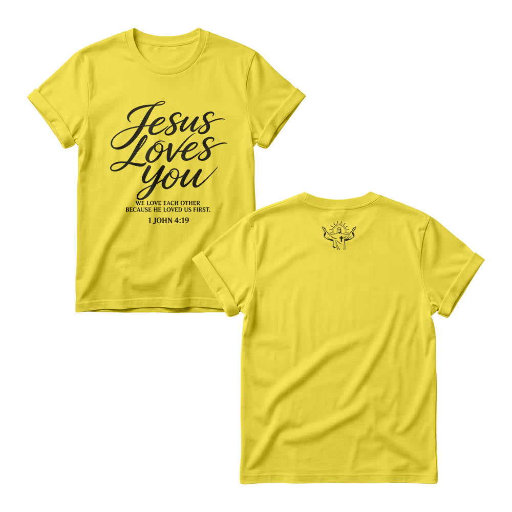 Christianartworkshop Jesus liebt dich – fließende Schreibschrift – 1. Johannes 4,19 – Vorderseite – kleines Kronenkreuz-Skizze – Damen-Rundhals-Shirt - Gelb - 4XL - image 3