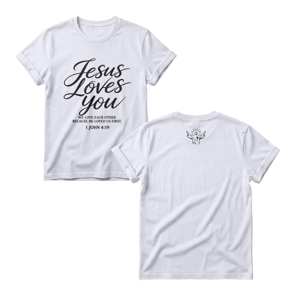 Christianartworkshop Jesus liebt dich – fließende Schreibschrift – 1. Johannes 4,19 – Vorderseite – kleines Kronenkreuz-Skizze – Damen-Rundhals-Shirt - Weiß - 4XL - image 2
