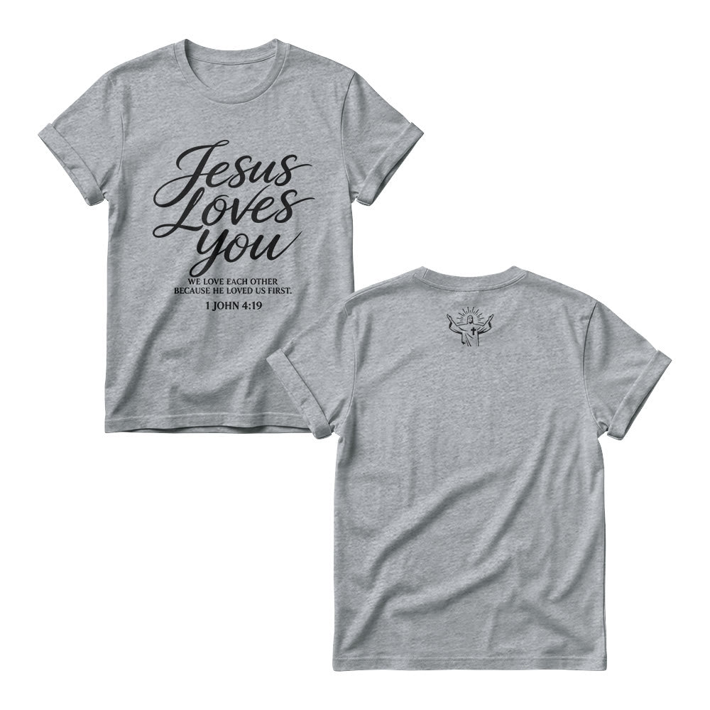Christianartworkshop Jesus liebt dich – fließende Schreibschrift – 1. Johannes 4,19 – Vorderseite – kleines Kronenkreuz-Skizze – Damen-Rundhals-Shirt - Grau - 4XL - image 4