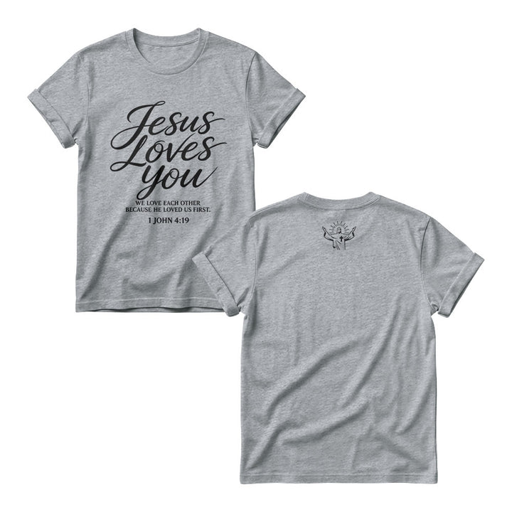 Christianartworkshop Jesus liebt dich – fließende Schreibschrift – 1. Johannes 4,19 – Vorderseite – kleines Kronenkreuz-Skizze – Damen-Rundhals-Shirt - Grau - 4XL - image 4