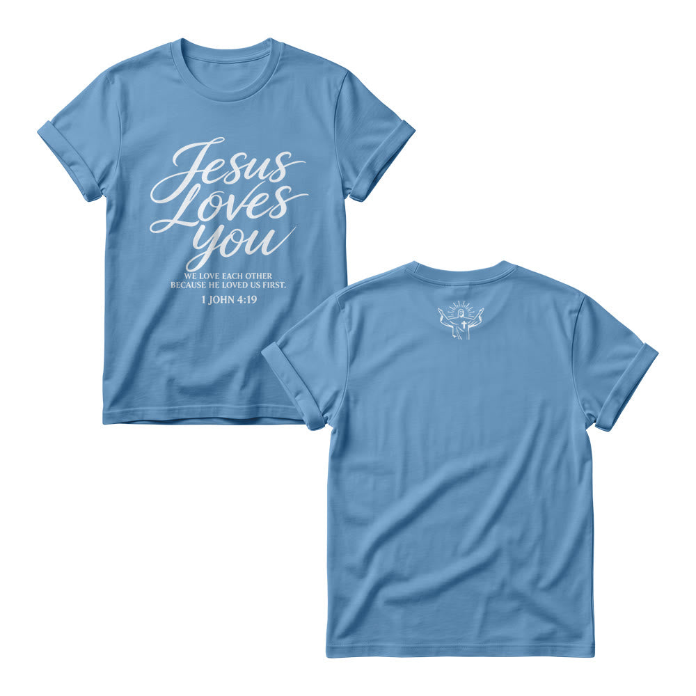 Christianartworkshop Jesus liebt dich – fließende Schreibschrift – 1. Johannes 4,19 – Vorderseite – kleines Kronenkreuz-Skizze – Damen-Rundhals-Shirt - Blau - 4XL - image 6