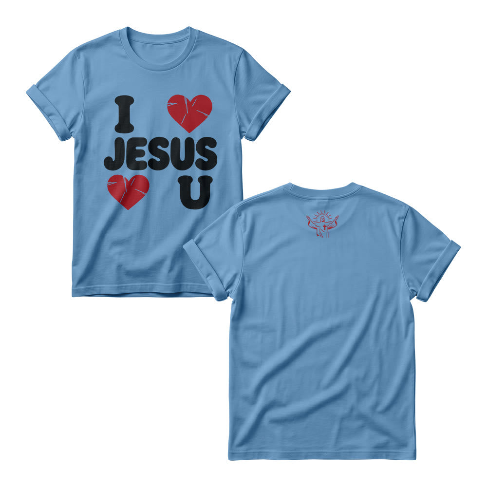 Christianartworkshop Niedlicher Damen-Rundhalspullover mit klobigem Bubble-Schriftzug „I Love Jesus“ und schlichtem Doppelherz-Motiv - Blau - 4XL - image 6