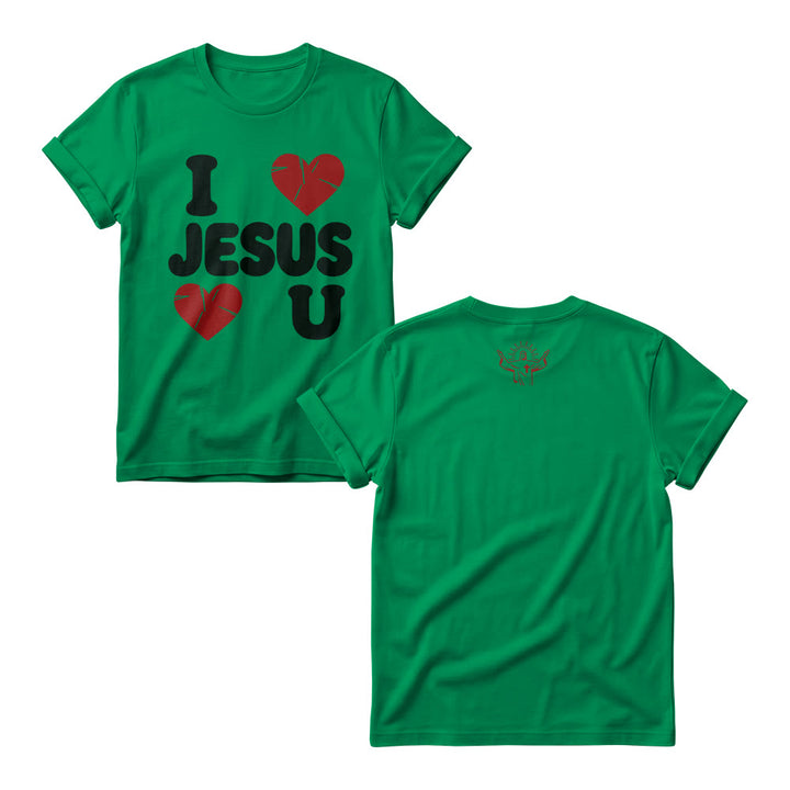 Christianartworkshop Niedlicher Damen-Rundhalspullover mit klobigem Bubble-Schriftzug „I Love Jesus“ und schlichtem Doppelherz-Motiv - Grün - 4XL - image 9