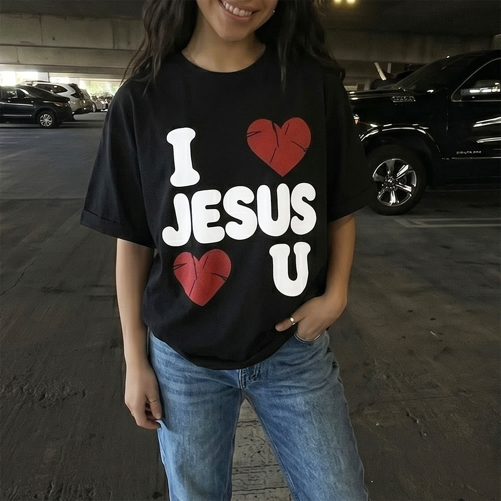 Christianartworkshop Niedlicher Damen-Rundhalspullover mit klobigem Bubble-Schriftzug „I Love Jesus“ und schlichtem Doppelherz-Motiv - image 0