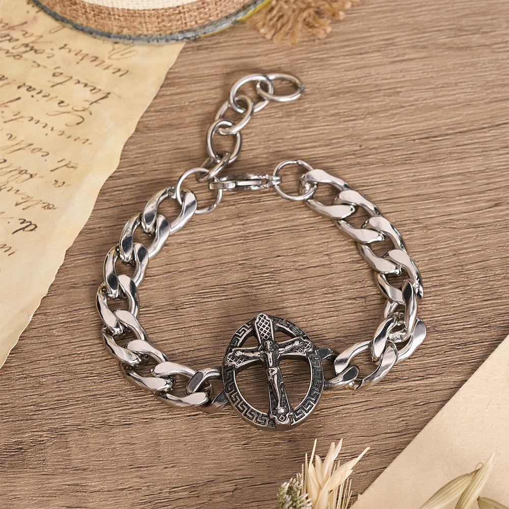 Christianartworkshop Armband aus antikisiertem, massivem Metall mit Panzerkette, St.-Judas-Motiv und gerahmtem Kruzifix - Kruzifix C - image 5