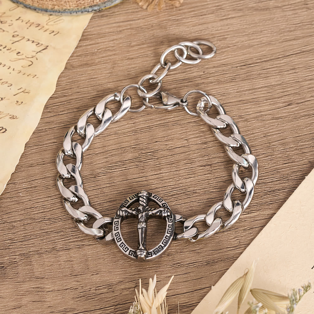 Christianartworkshop Armband aus antikisiertem, massivem Metall mit Panzerkette, St.-Judas-Motiv und gerahmtem Kruzifix - Kruzifix B - image 3