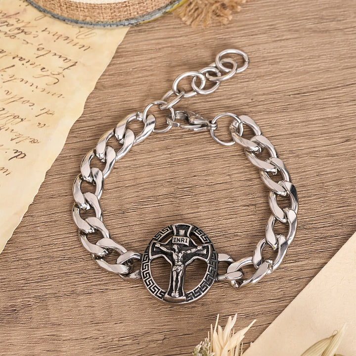 Christianartworkshop Armband aus antikisiertem, massivem Metall mit Panzerkette, St.-Judas-Motiv und gerahmtem Kruzifix - Kruzifix A - image 0