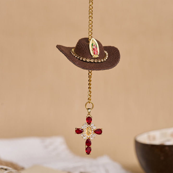 Christianartworkshop Mini-Cowboyhut-Autoanhänger mit Kristallkreuz der Muttergottes: Eine Erinnerung an den gnädigen Schutz Gottes auf jeder Reise - Kaffee - image 5