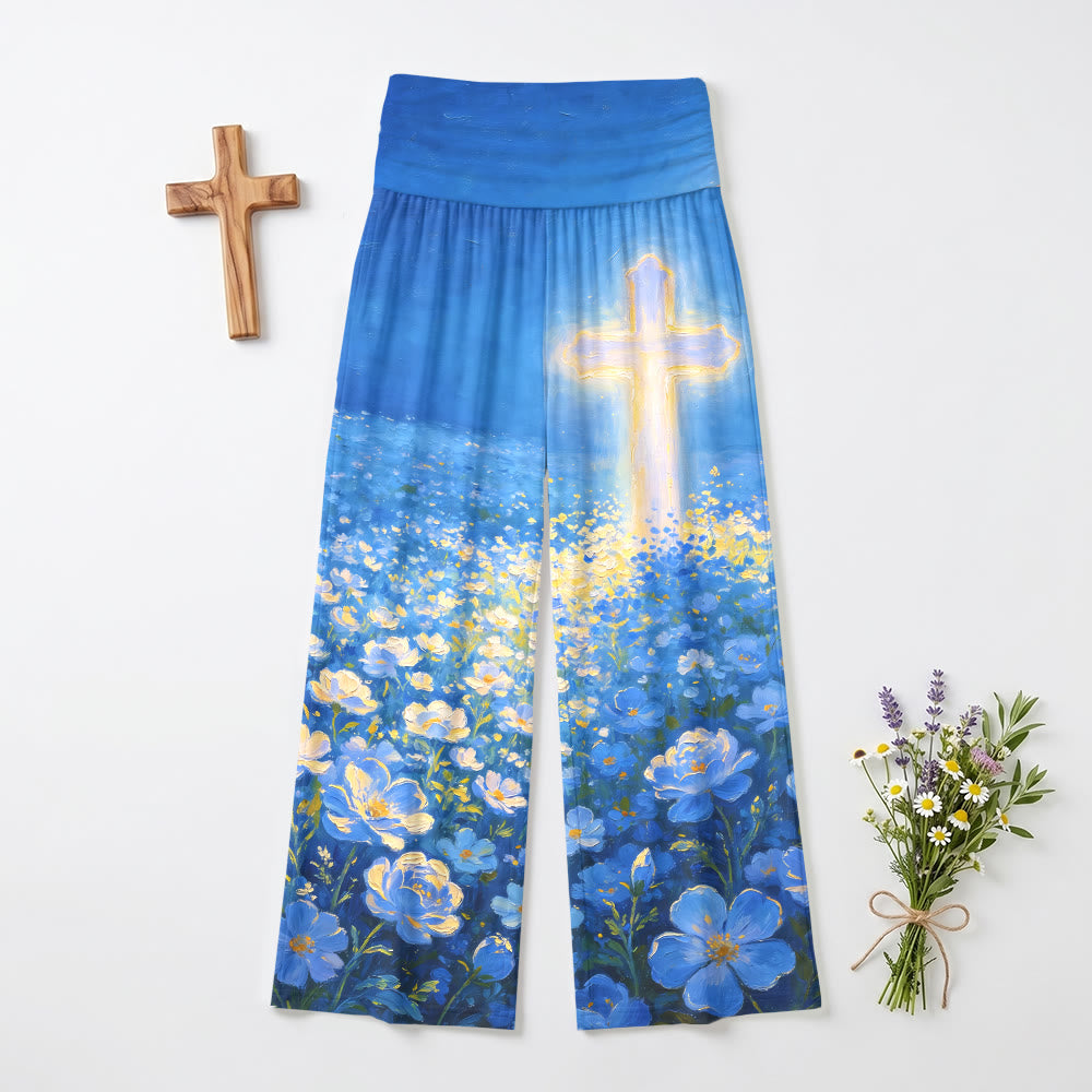 Christianartworkshop Leuchtendes Kreuz, floraler Ölgemälde-Print, hochtaillierte Stretch-Hose mit weitem Bein, Faith Damen-Hose, weit geschnitten, aus der Faith-Kollektion - US22, UK/AU26, EU54 - image 0