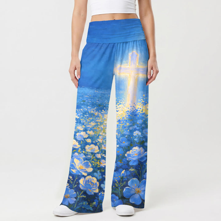 Christianartworkshop Leuchtendes Kreuz, floraler Ölgemälde-Print, hochtaillierte Stretch-Hose mit weitem Bein, Faith Damen-Hose, weit geschnitten, aus der Faith-Kollektion - image 1